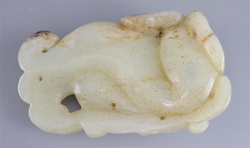 A Chinese pale celadon jade figure of a chilong, 10.2cm